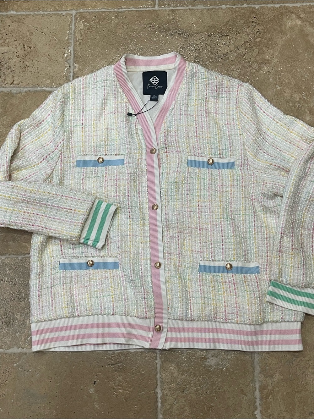 Brianna Cannon Women's Preppy V-Neck Pastel Tweed Cardigan w/ Pockets Plaid XL